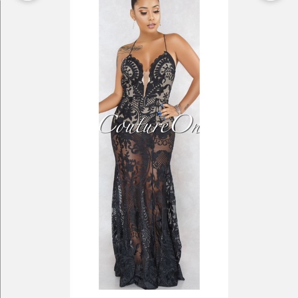 Dresses & Skirts - NWT Black Embroidery Nude Illusion Bodysuit Mermaid Fit Ball Gown